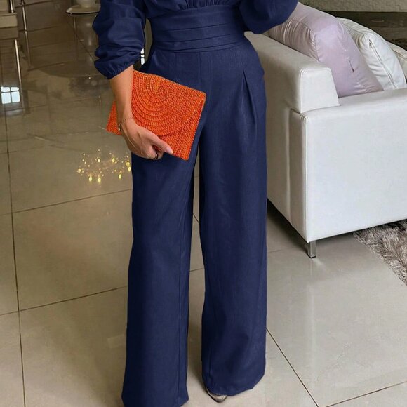 Navy Blue Elegant Women's Solid Color Lantern Sleeve Jumpsuit - Picture 2 of 9